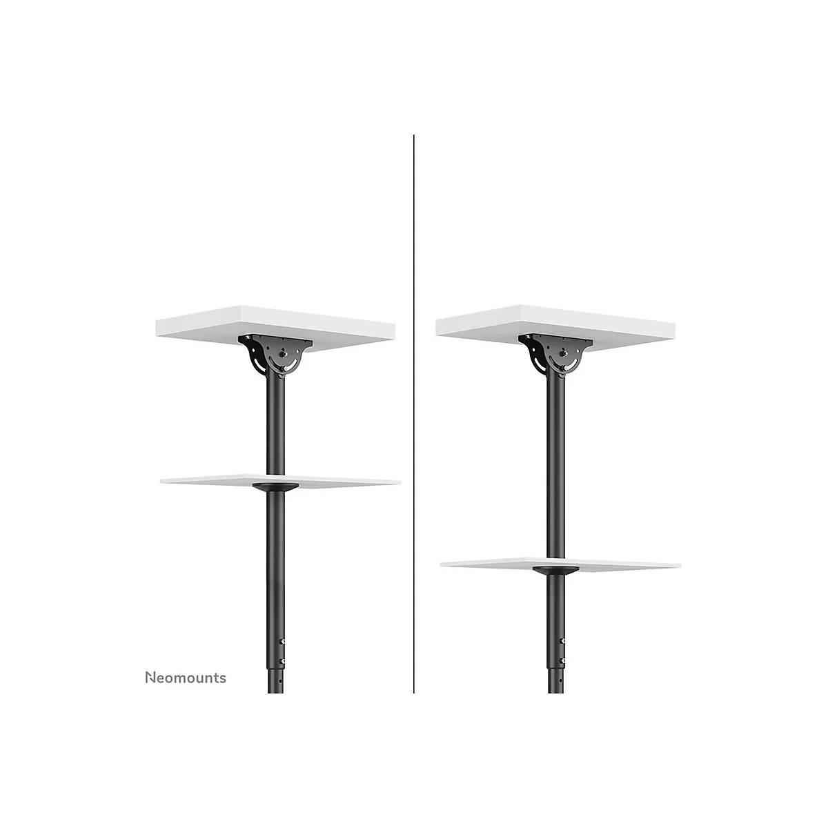 Zwei weiße Tische mit schwarzen Halterungen und Beinen. Der Markenname „Neomounts“ ist unten links.