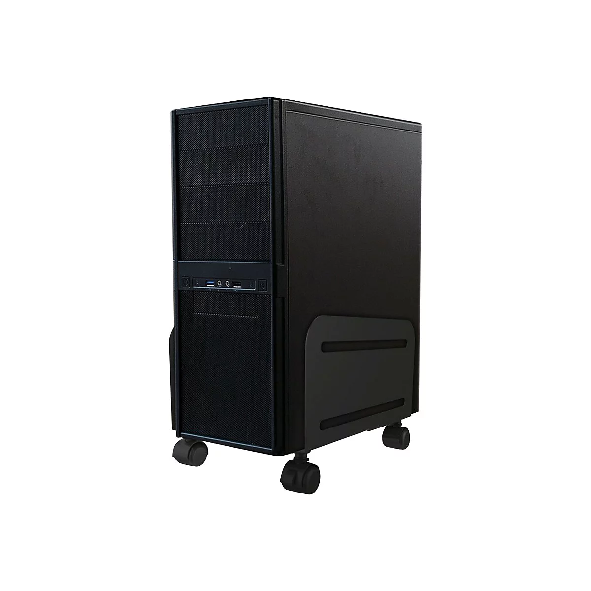 Schwarzer PC-Tower in einem Rollständer auf weißem Hintergrund.
