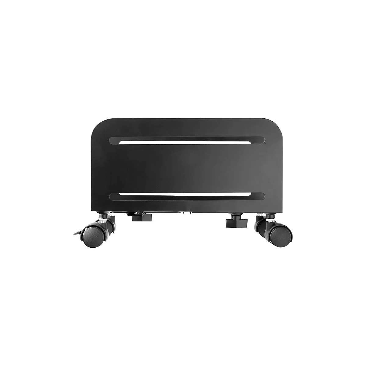 Schwarzer, verstellbarer PC-Halter aus Metall mit zwei horizontalen Schlitzen und vier Rollen auf weißem Hintergrund.