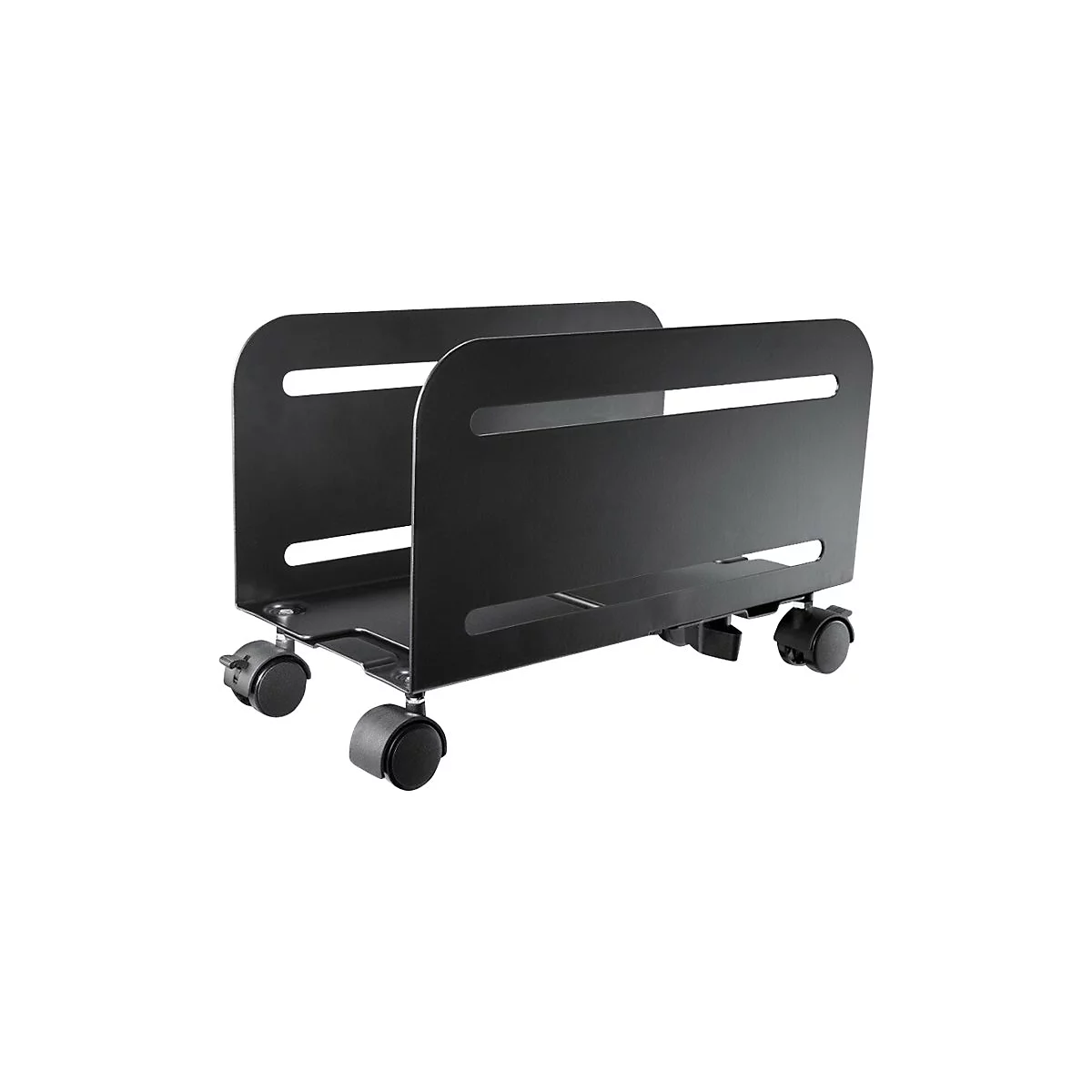 Schwarzer fahrbarer PC-Ständer aus Metall mit Rollen vor weißem Hintergrund.