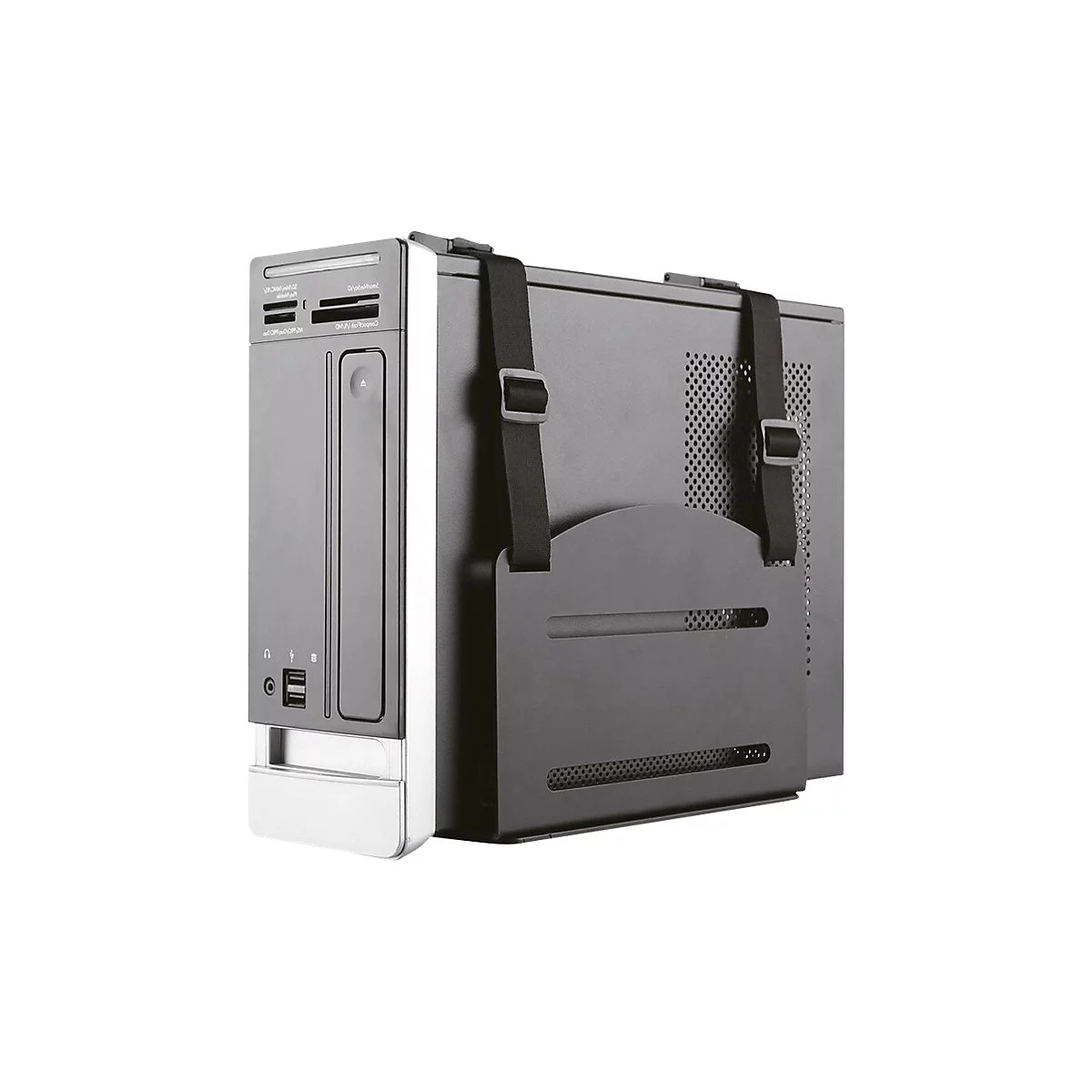 Ein schwarzes PC-Gehäuse mit Halterung und Haltegurten, die es an der Wand oder einem anderen Ort befestigen können. Das Gehäuse ist leicht angewinkelt.