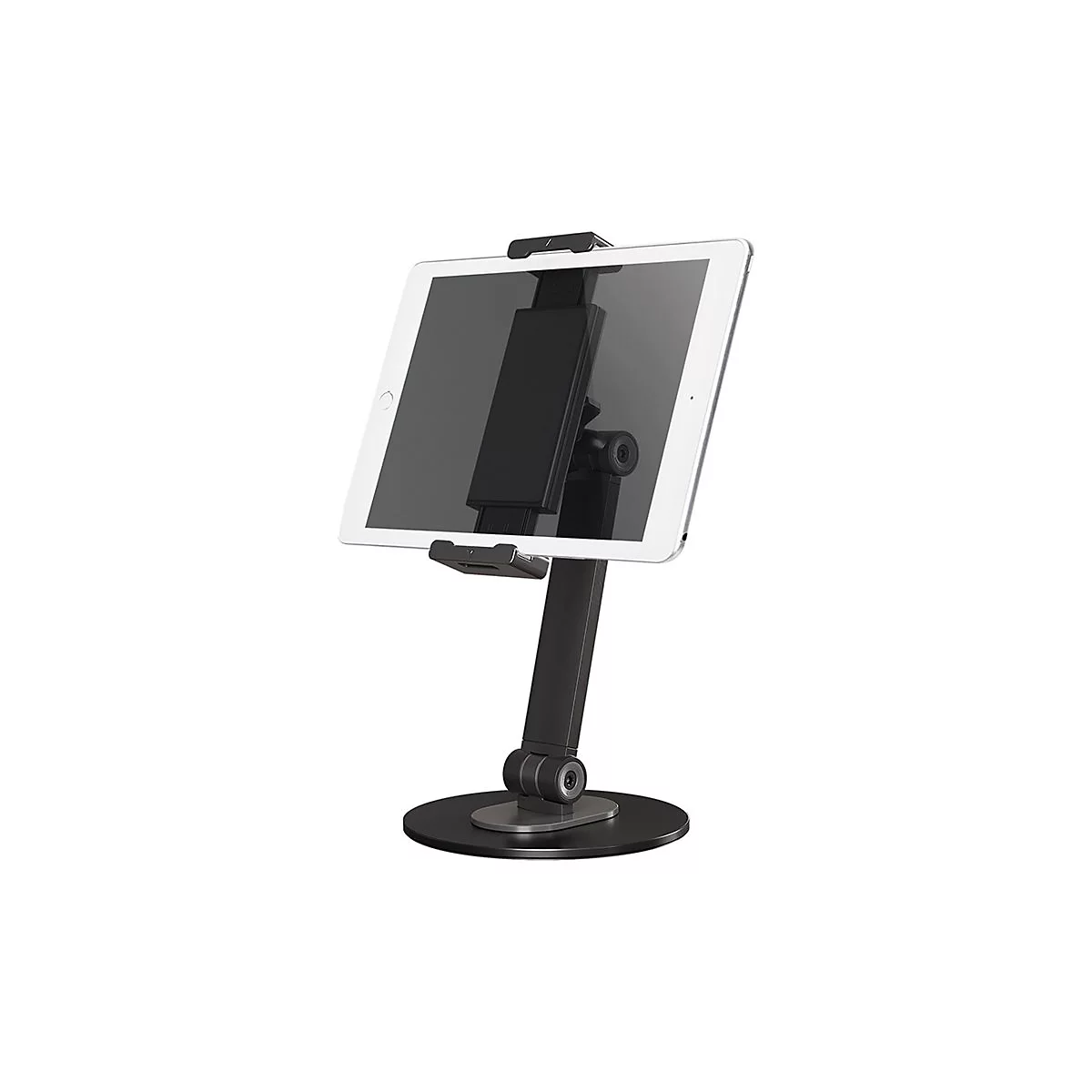 Tablet auf einem schwarzen, verstellbaren Ständer, isoliert auf weißem Hintergrund.