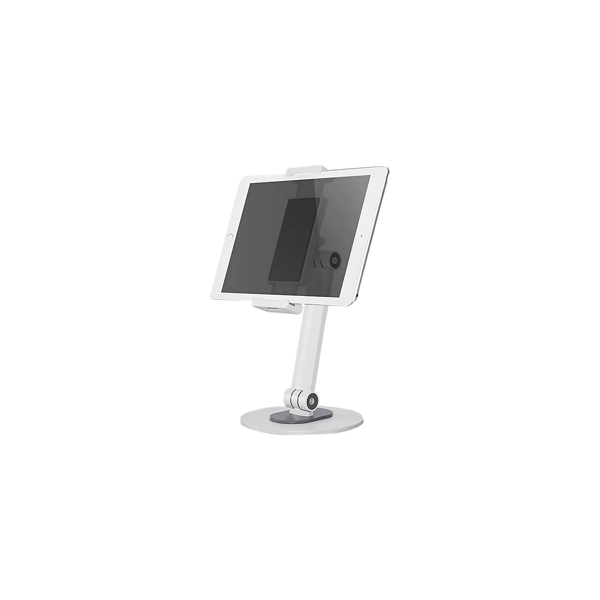 Ein weiÃŸes Tablet in Halterung auf einem weiÃŸen Sockel.