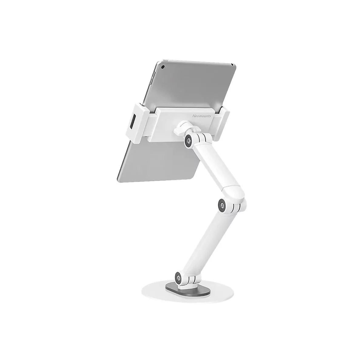 Weißer Tablet-Halter mit Tablet. Der Arm ist flexibel.