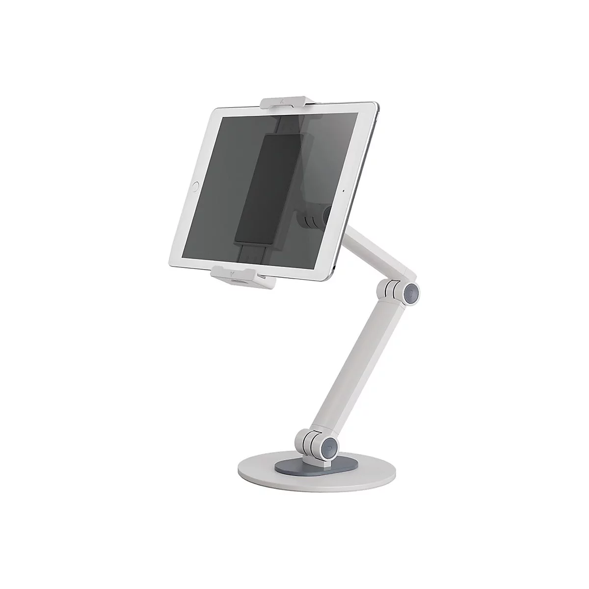 Ein weißer, schwenkbarer Tablet-Halter auf einem runden Fuß mit eingesetztem Tablet.