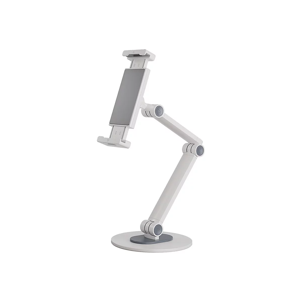 Weißer Tablet-Halter mit verstellbaren Gelenken. Grauer Tablet-Rahmen vor hellem Hintergrund.