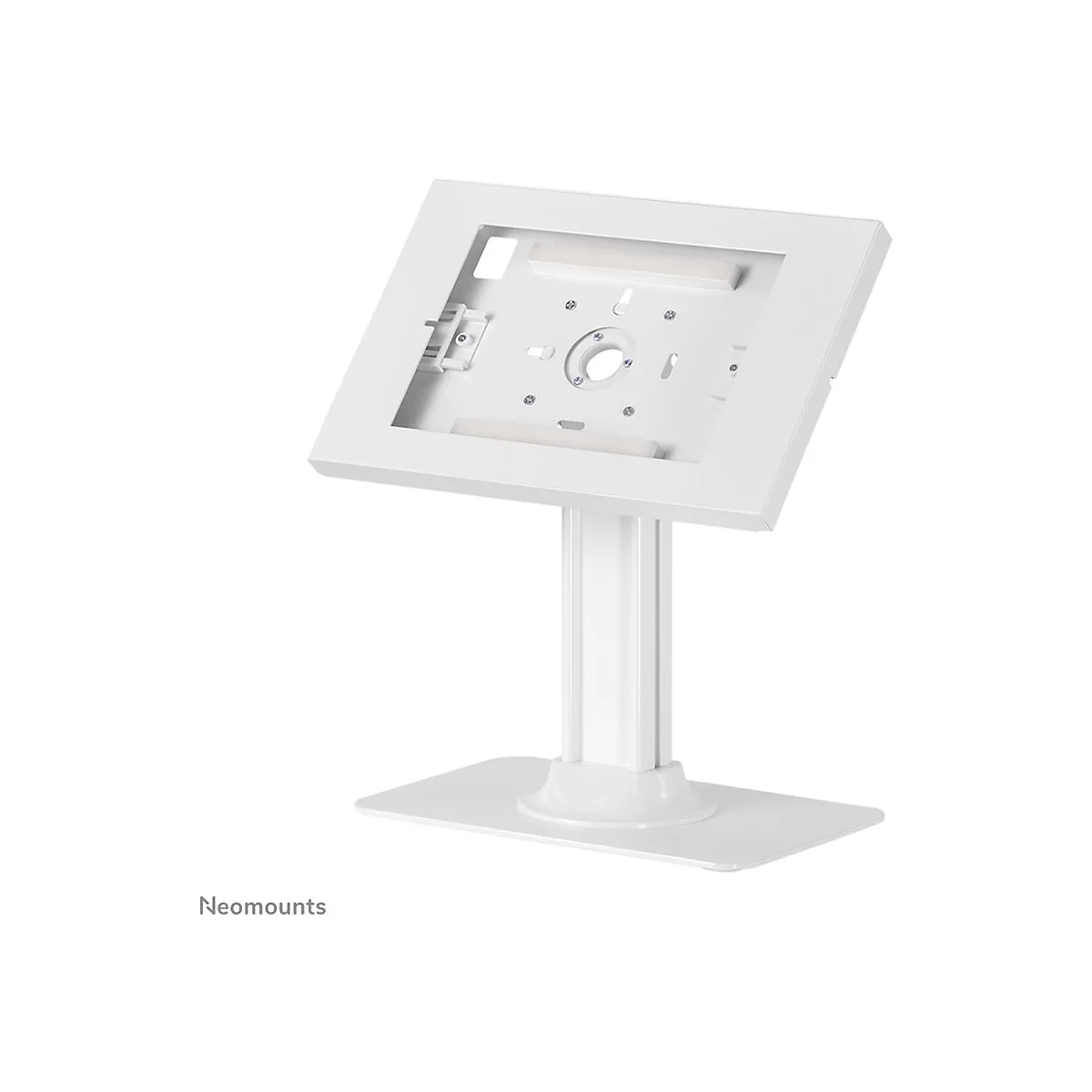 Ein weißer Tablet-Tischständer von Neomounts auf einem neutralen Hintergrund.