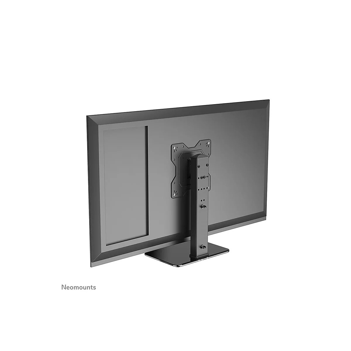 Rückansicht eines schwarzen Monitors auf einem verstellbaren Standfuß von Neomounts auf weißem Hintergrund.