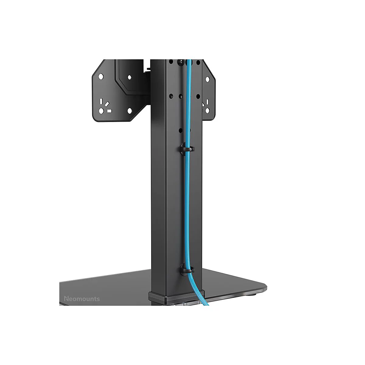 Schwarzer Monitorhalter mit blauen Kabeln. Auf dem Fuss steht: Neomounts.