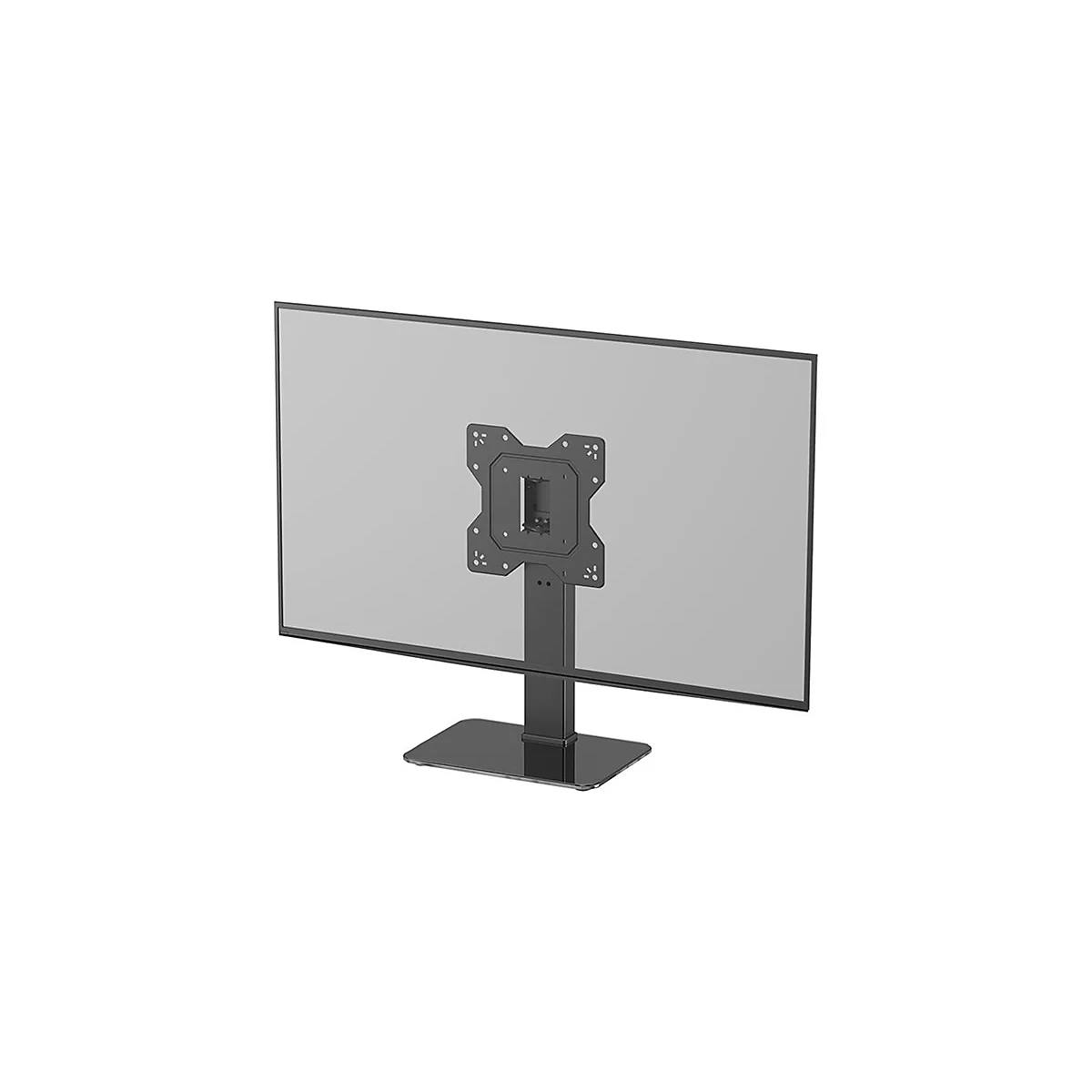 Ein schwarzer Monitorständer mit Halterung. Der Monitor ist hellgrau und hat einen schwarzen Rahmen.