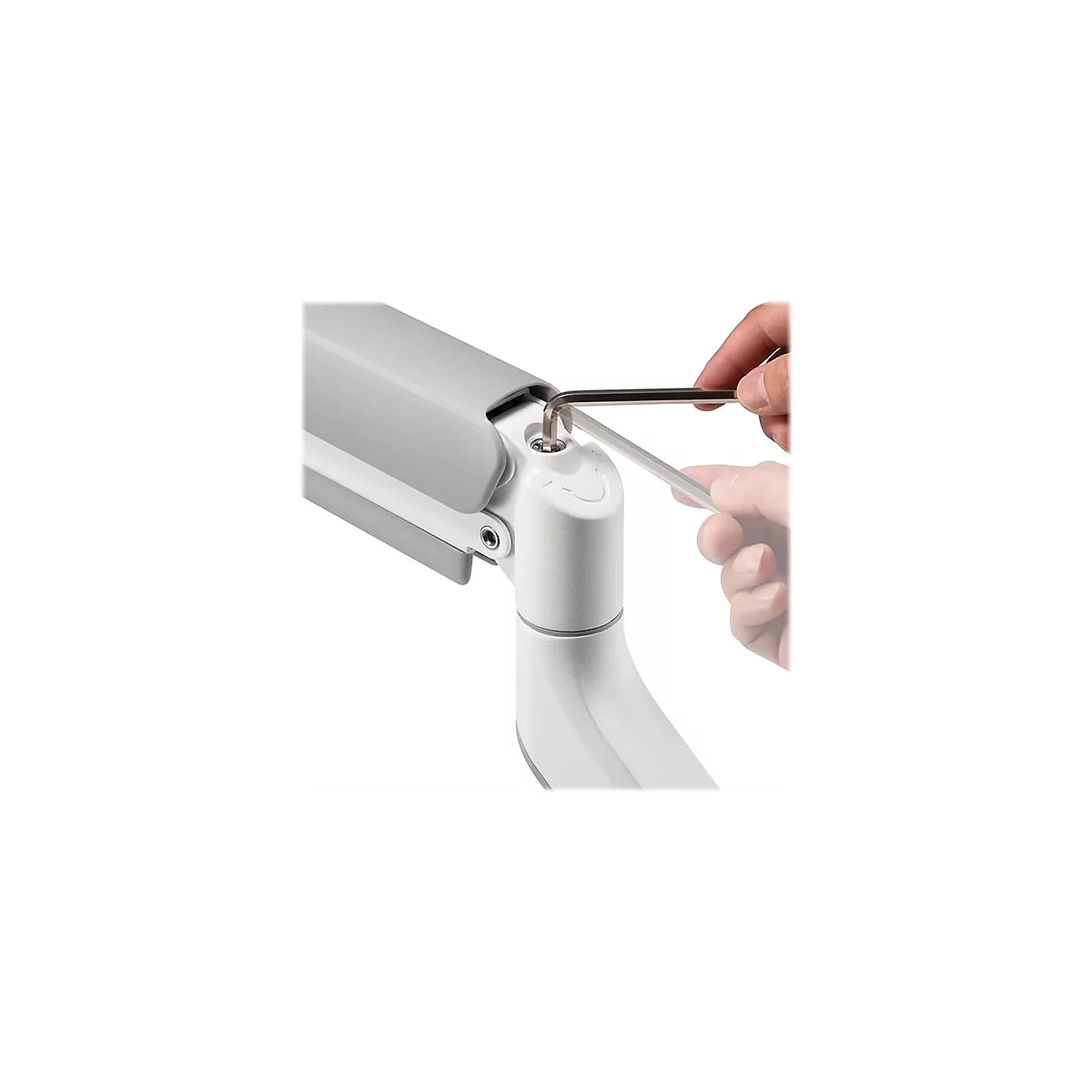 Nahaufnahme von Schraube, die mit einem InbusschlÃ¼ssel an einem weiÃŸen Arm befestigt wird. Der Arm hÃ¤lt ein graues Element.