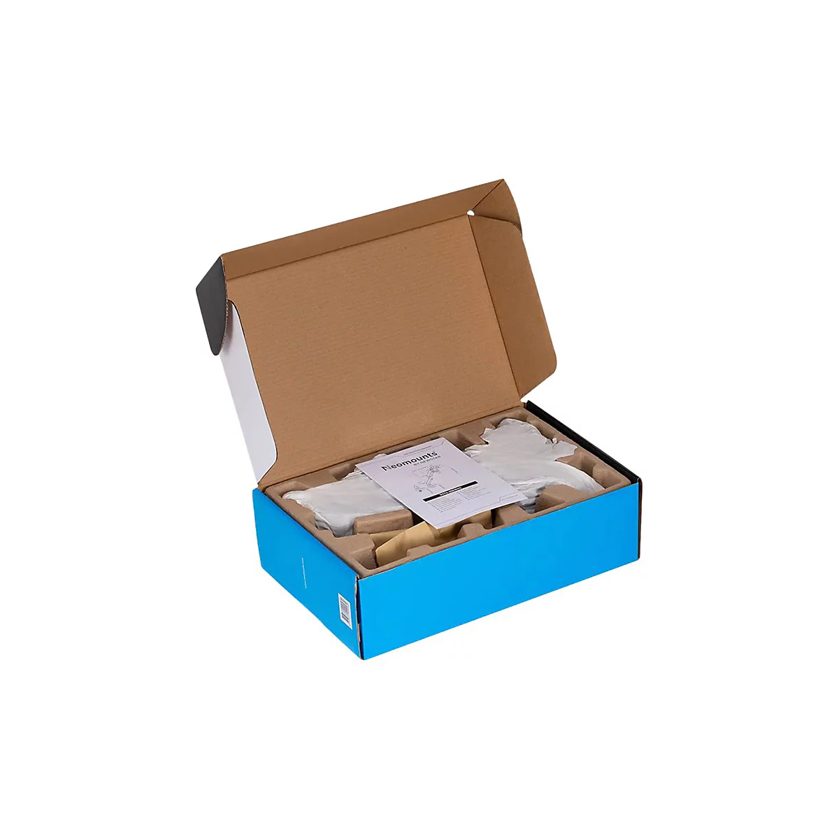 GeÃ¶ffnete blaue Box mit Produkt und Verpackung. Ein Merkblatt liegt in der Box.