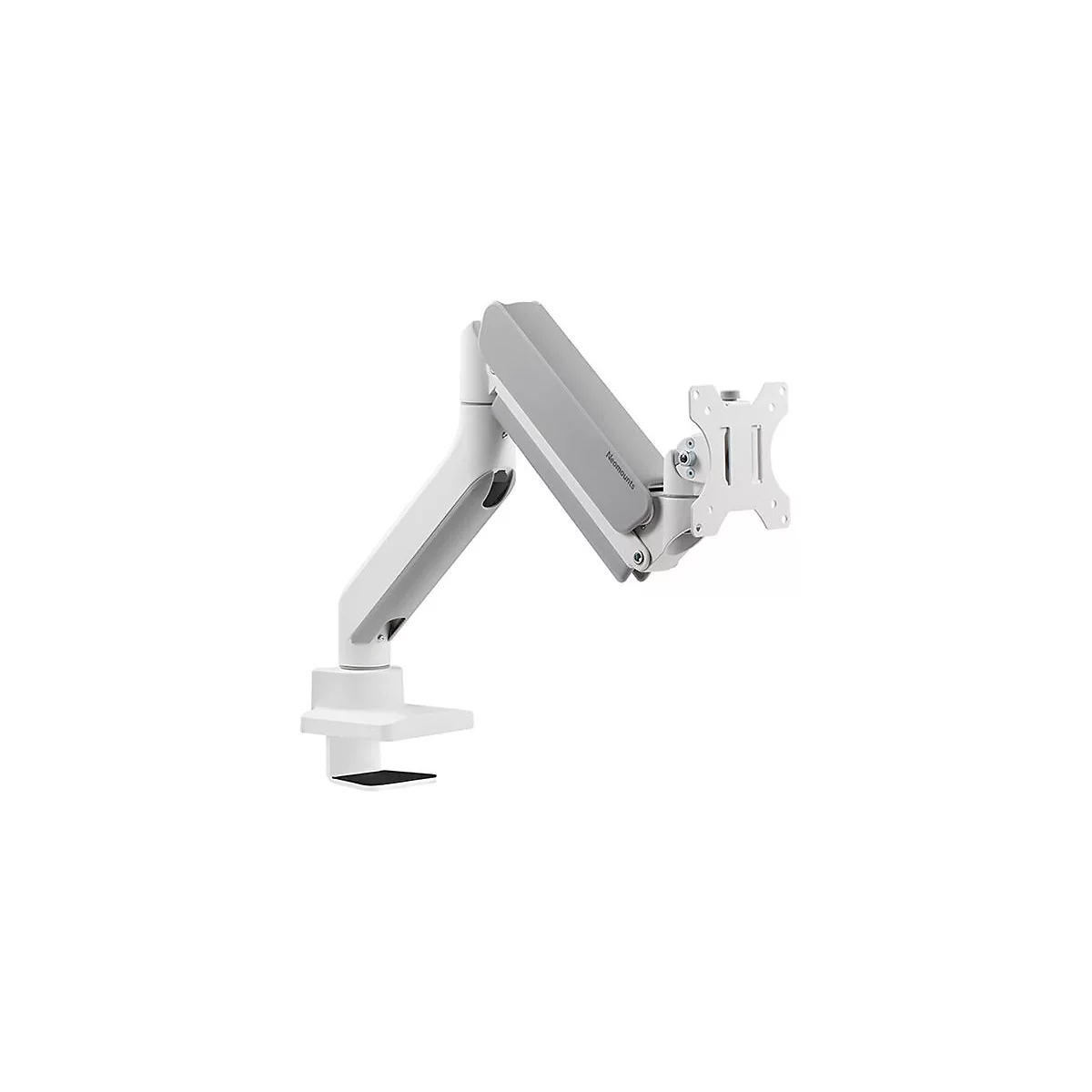 Weißer Monitorarm, an dem ein Bildschirm befestigt werden kann. Auf dem Arm ist der Schriftzug "Neomounts" zu sehen.
