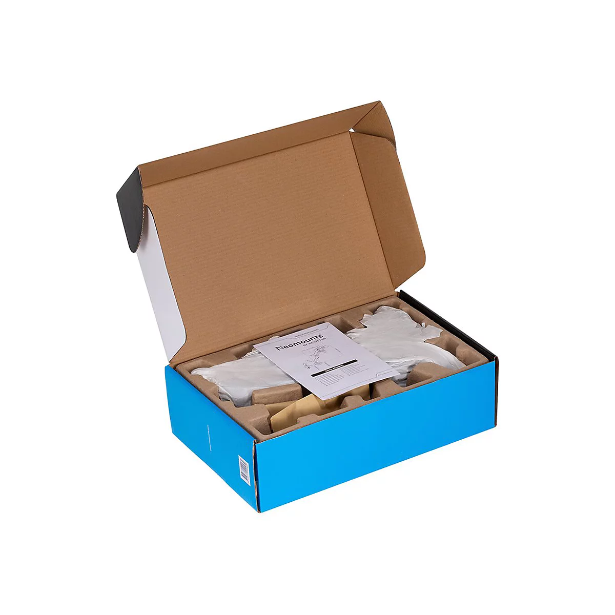 Geöffnete blaue Schachtel mit Verpackungsmaterial, Handbuch und einem Produkt von Neomounts.