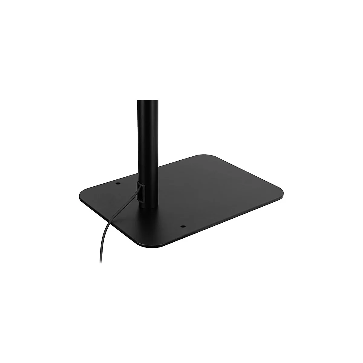 Nahaufnahme einer schwarzen MonitorfuÃŸplatte. Eine schwarze Stange ist in die Platte eingelassen. Ein Kabel ist an der Platte befestigt.