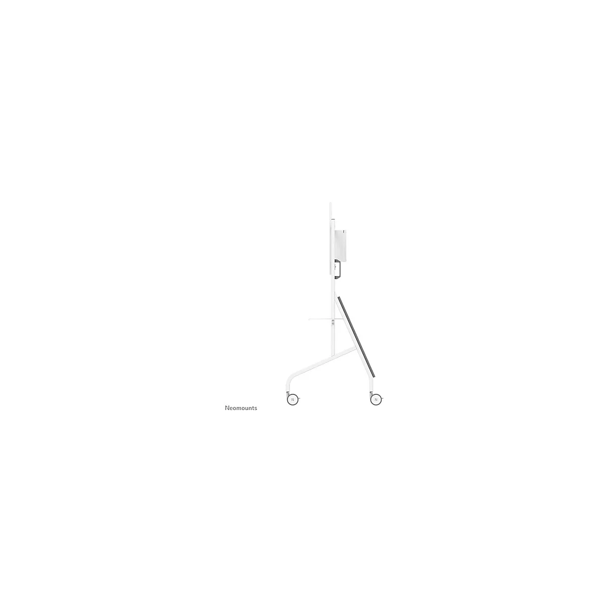Ein weiÃŸes, mobiles PrÃ¤sentations-Gestell mit einer Tablet-Halterung, Rollen und einem grauen Akzent. Im unteren Bereich steht Neomounts.