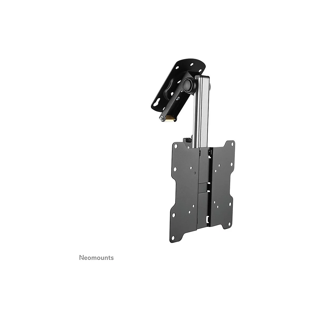 Schwarze TV-Wandhalterung, mit silberfarbenem Arm, vor weißem Hintergrund. Aufschrift: Neomounts.