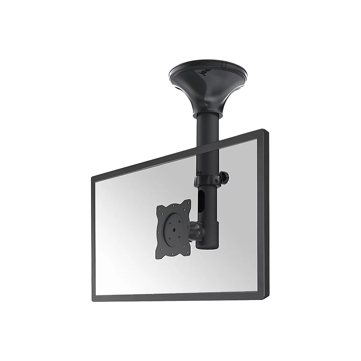 Schwarze Deckenhalterung mit Monitor, vor weißem Hintergrund.