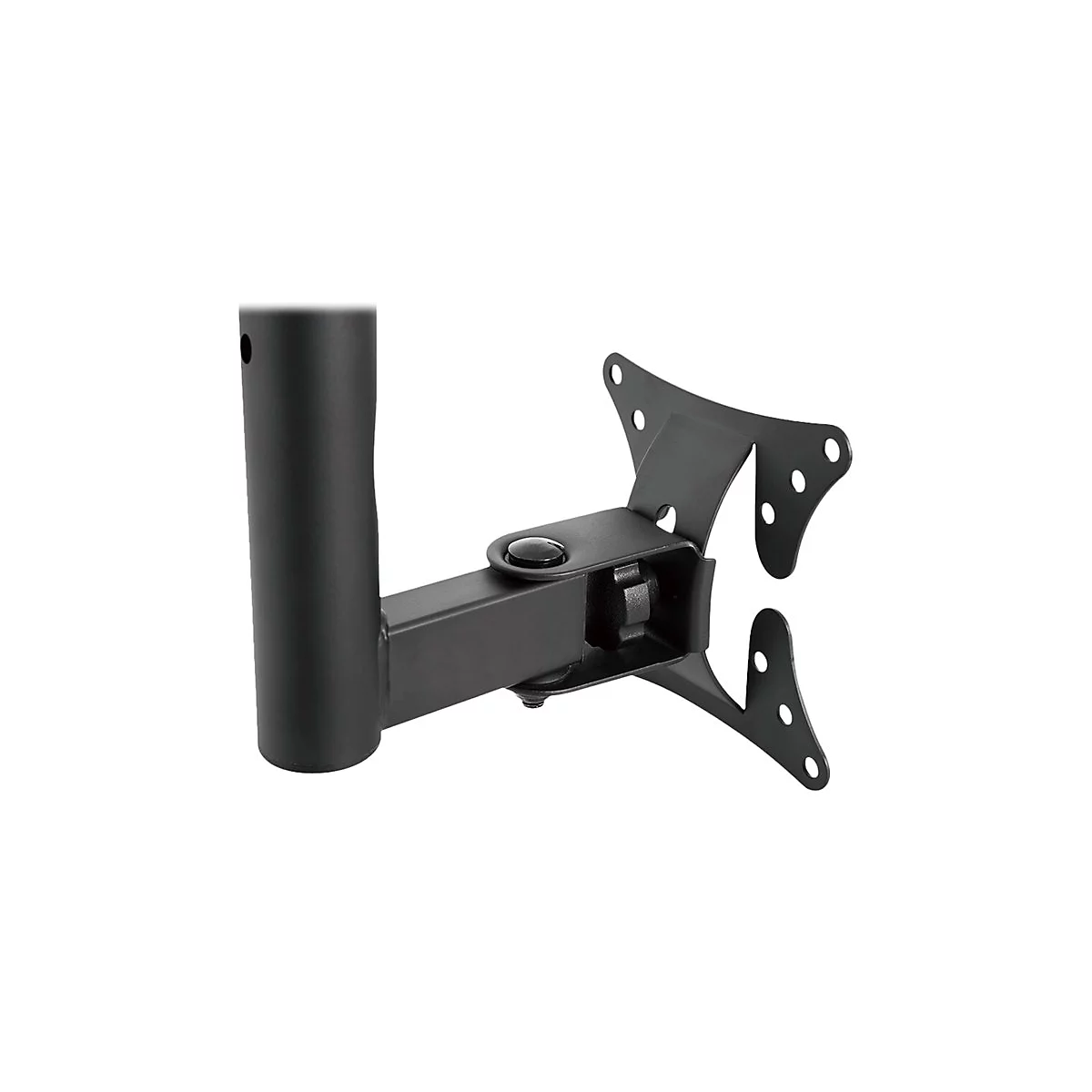 Schwarze TV-Halterung, Detailaufnahme. Ein Arm mit Löchern und Drehgelenk, verbunden mit einer Säule.