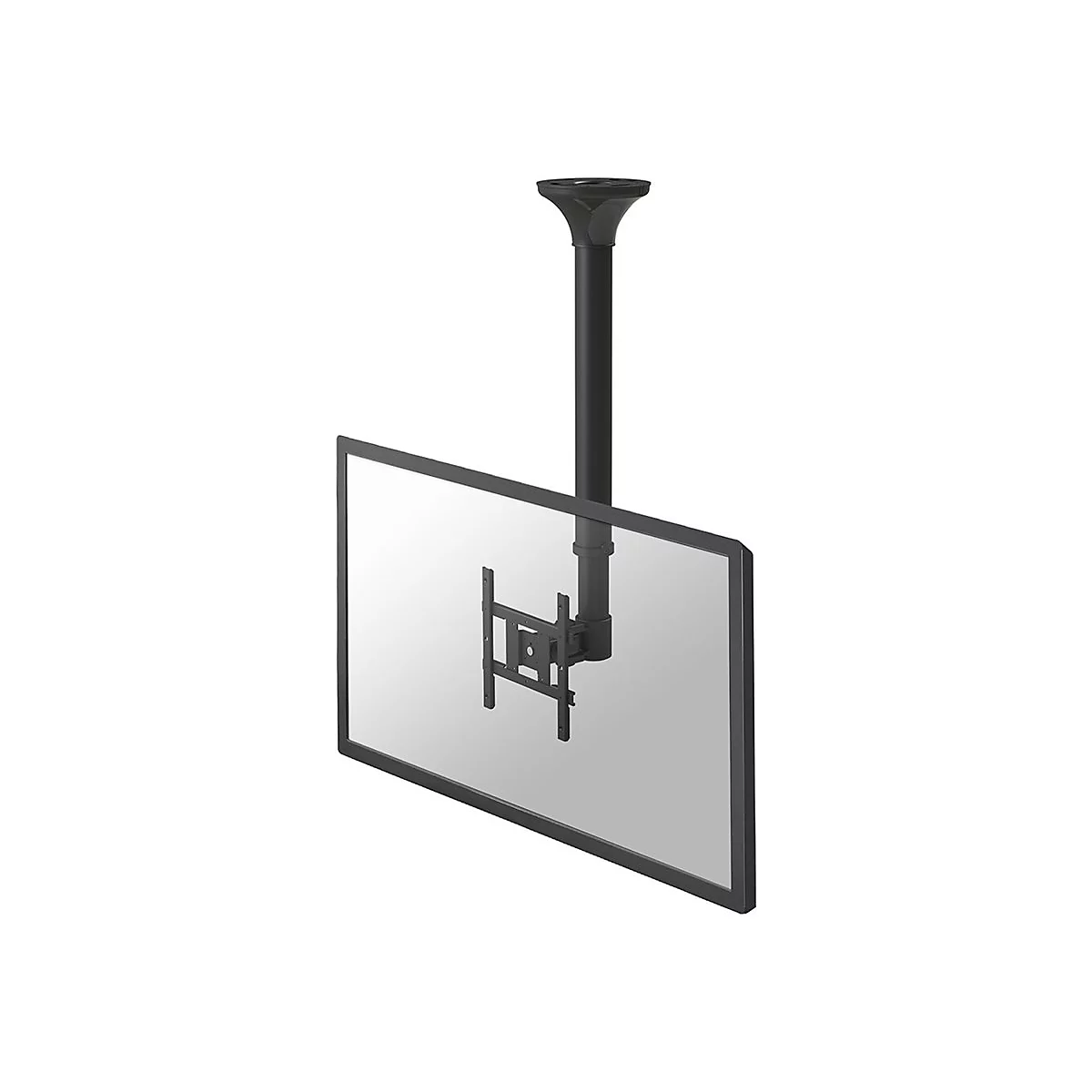 Schwarze TV-Deckenhalterung mit Flachbildschirm vor weißem Hintergrund. Der Bildschirm wird von einer Halterung gehalten, die an einer Deckenstange befestigt ist.