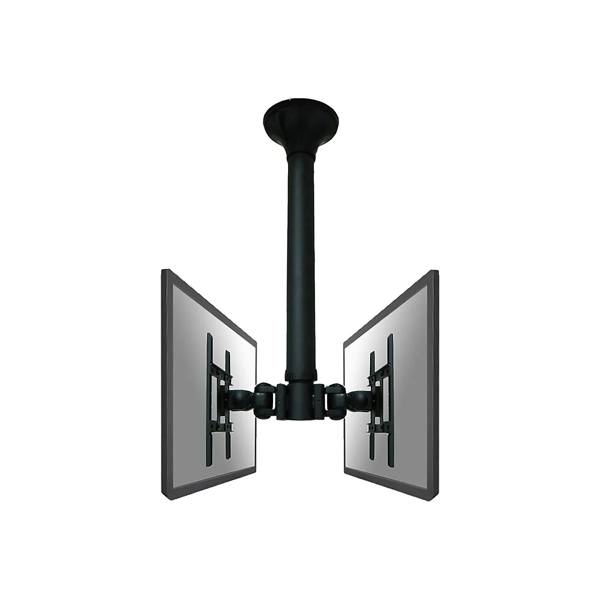 Deckenhalterung für zwei Monitore, schwarz, mit Gelenken.