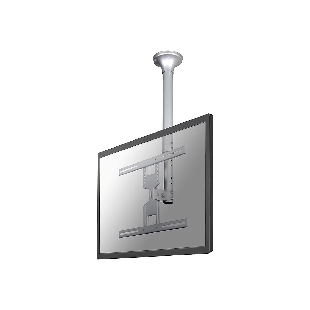 Deckenhalterung für Monitore mit höhenverstellbarer silberner Stange und schwenkbarer VESA-Halterung vor einem Display.
