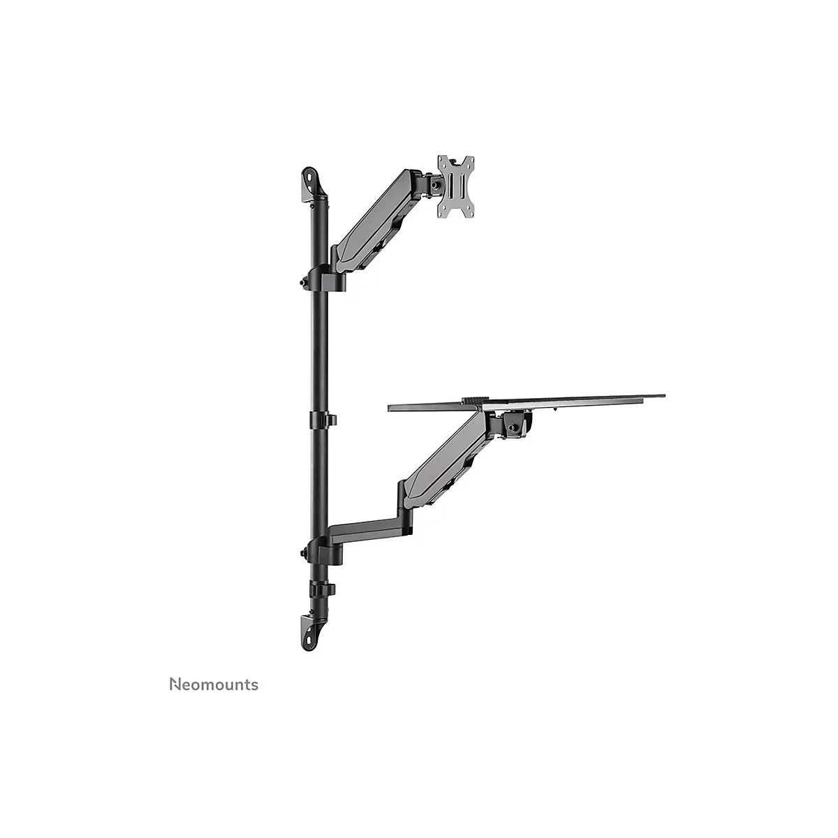 Schwarzer Monitorarm, vor weißem Hintergrund. Zwei Arme halten zwei Halterungen. Am Fuß steht "Neomounts".