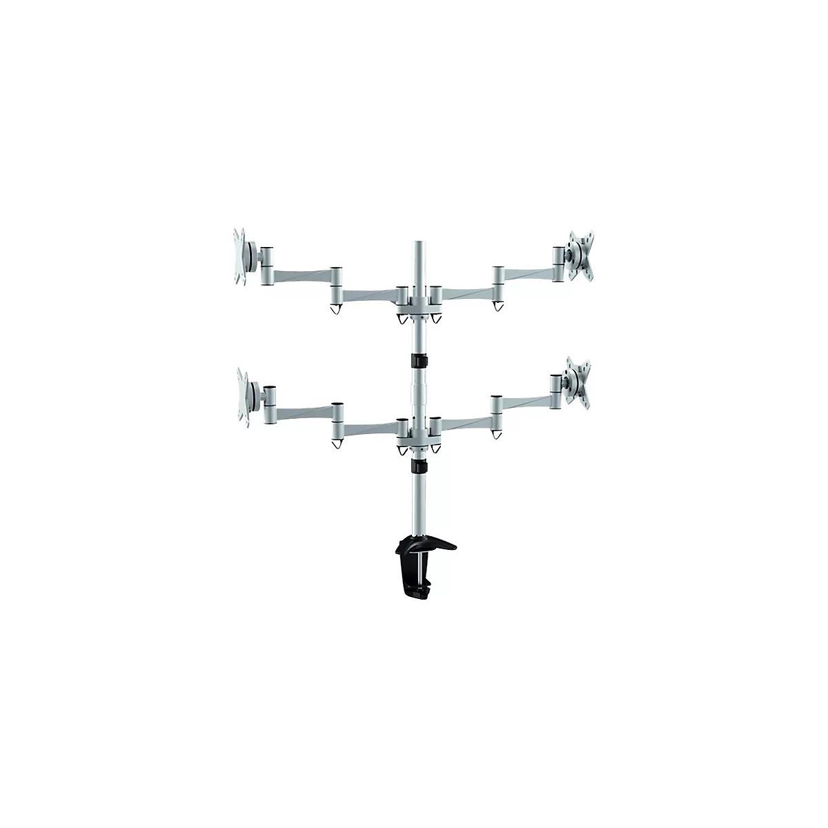 Silberne Monitorhalterung für vier Bildschirme, freigestellt auf weißem Hintergrund.