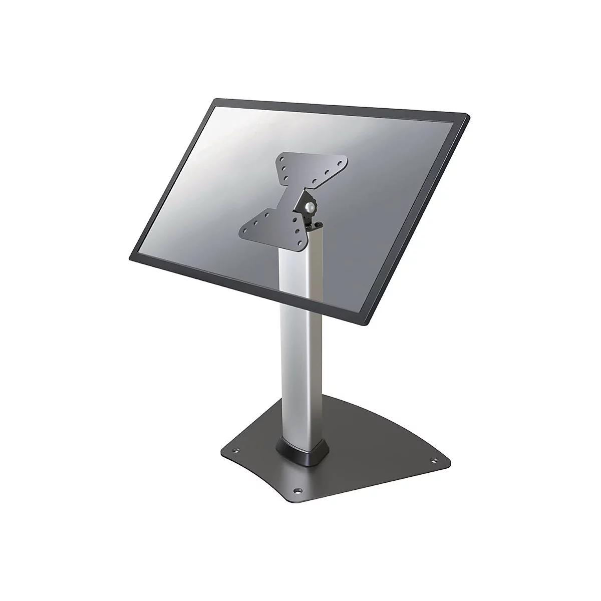 Monitorständer mit neigbarem Bildschirm, silberfarbenes Metall, schwarzer Rahmen und Basis.