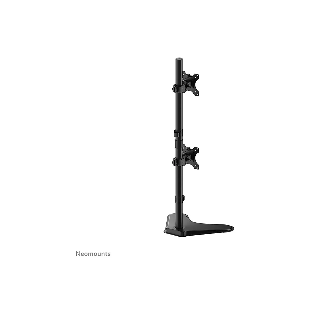 Schwarzer Doppelmonitor-Ständer mit zwei Halterungen und Fußplatte, vor weißem Hintergrund.