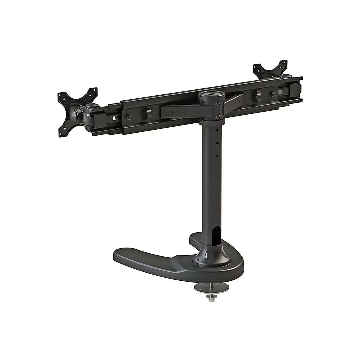 Schwarze Monitor-Tischhalterung für zwei Bildschirme mit verstellbarem Arm und stabilen Standfuß.