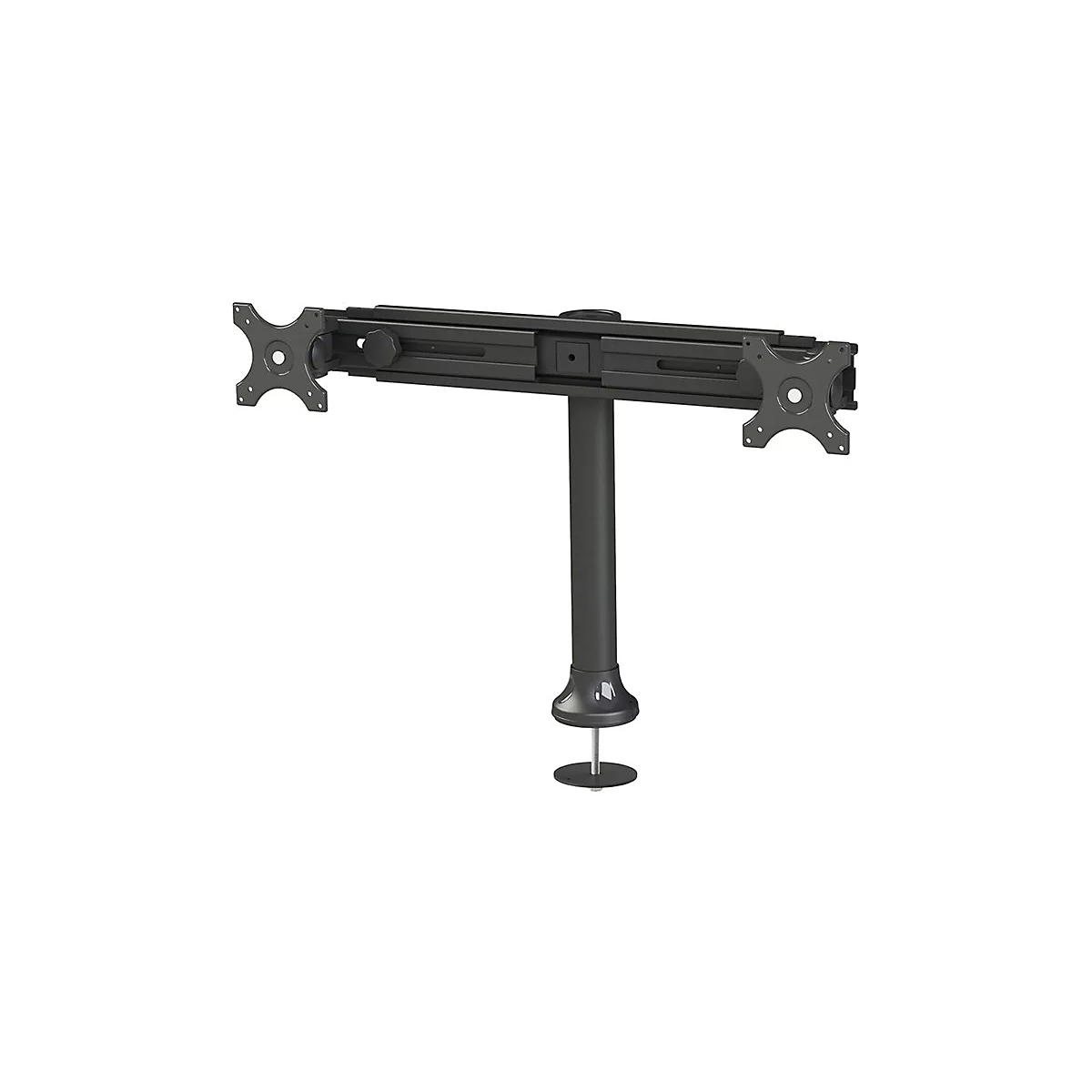 Schwarzer Monitorarm für zwei Bildschirme, mit Säule und Schraubklemme.