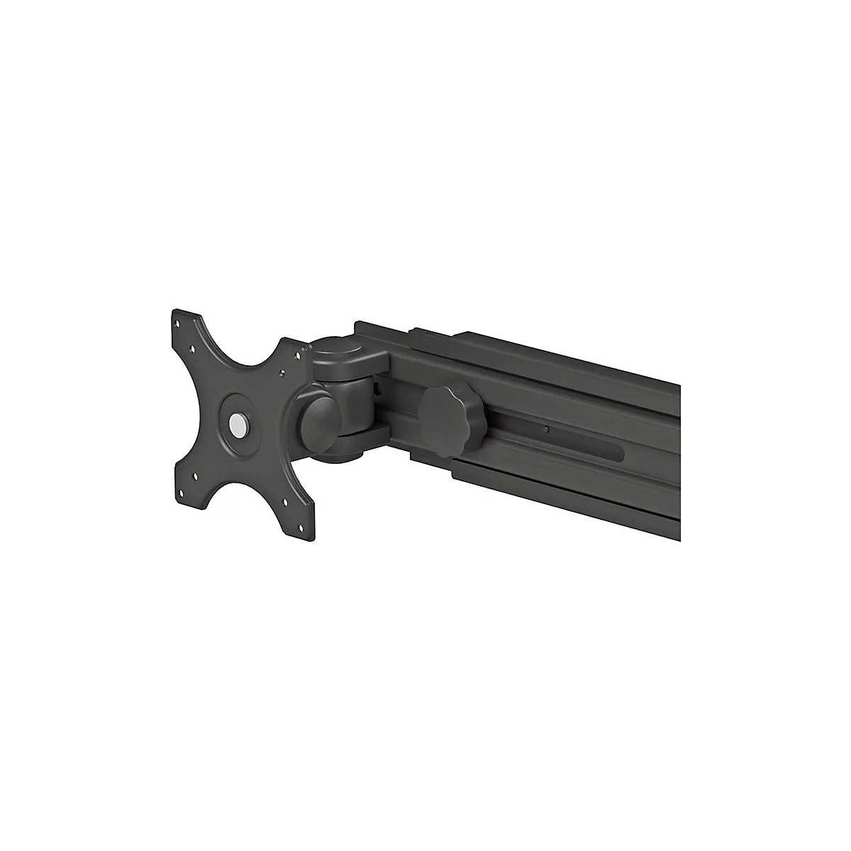 Schwarze Monitorhalterung, Details der Halterung, Schrauben und Einstellräder erkennbar.