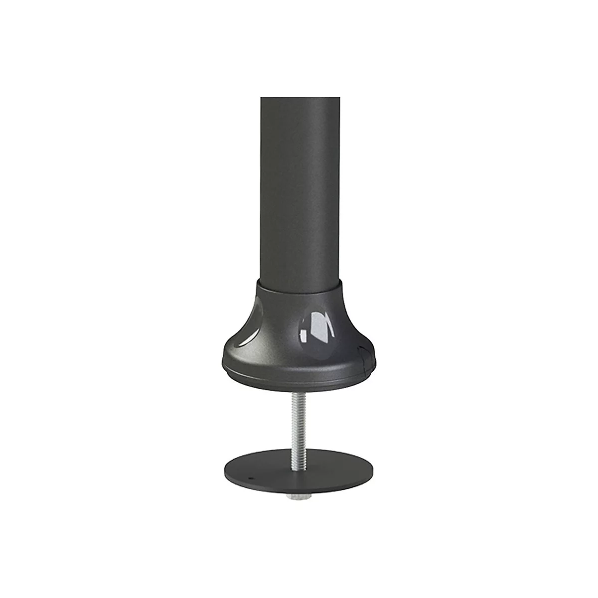 Detailaufnahme einer schwarzen Säule mit Standfuß, Schraube und runder Basis, vor weißem Hintergrund.