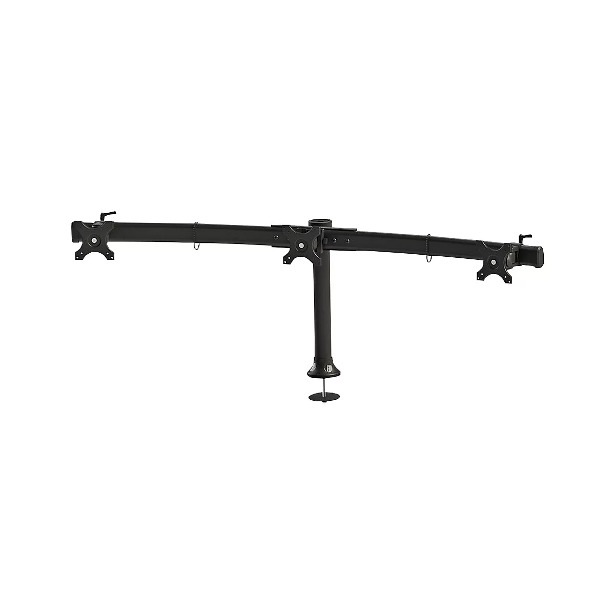 Schwarze Monitorhalterung für drei Monitore. Das Gestell besteht aus einem zentralen Mast und einer horizontalen Halterung.