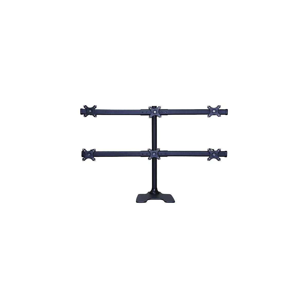 Schwarzer Monitorständer für vier Bildschirme, freistehend auf weißem Hintergrund.