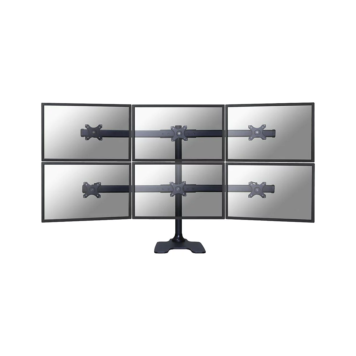 Sechs Monitore an einem Ständer angeordnet.