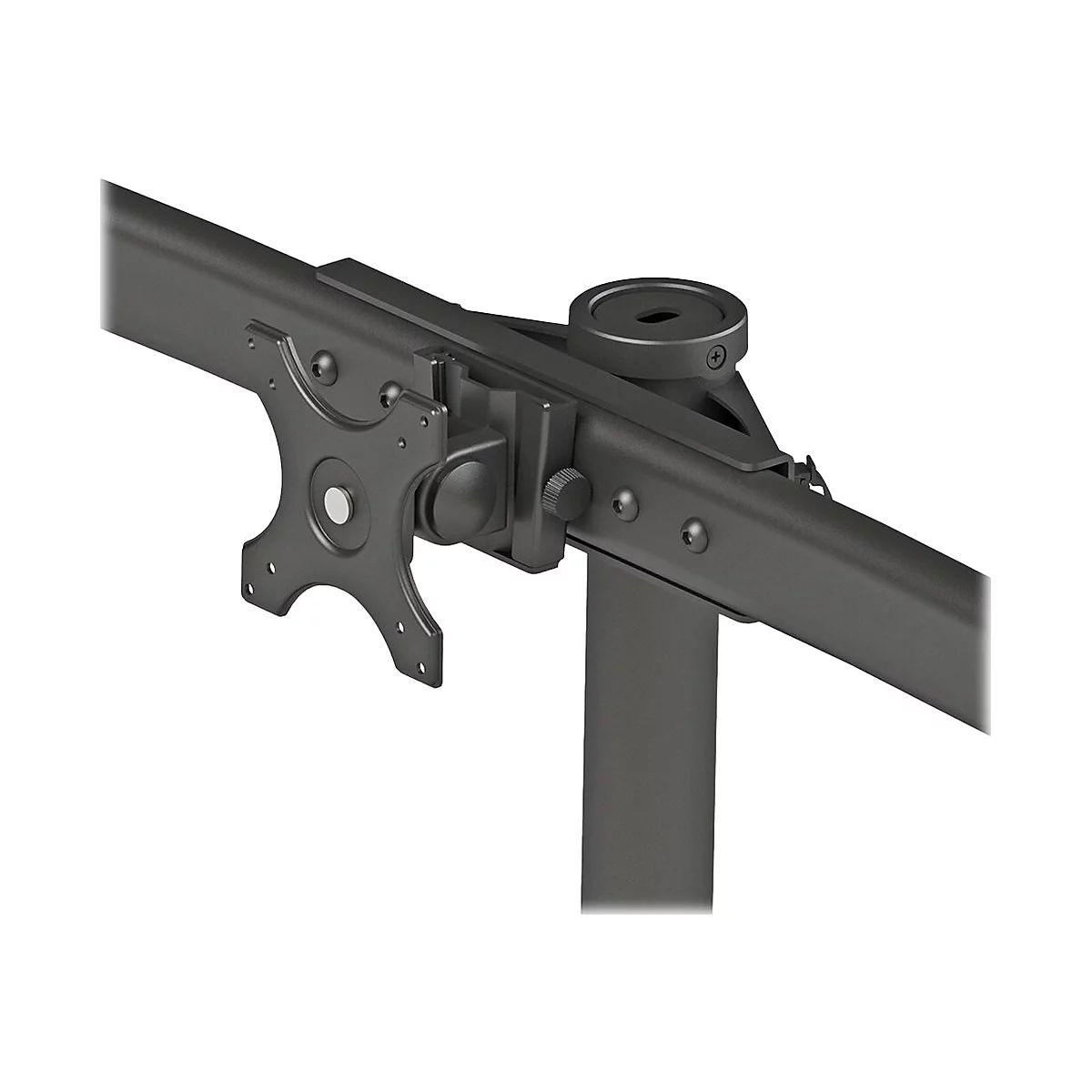 Detailaufnahme einer Monitorhalterung aus Metall. Die Halterung hat eine schwarze Farbe und ist vor weißem Hintergrund abgebildet.