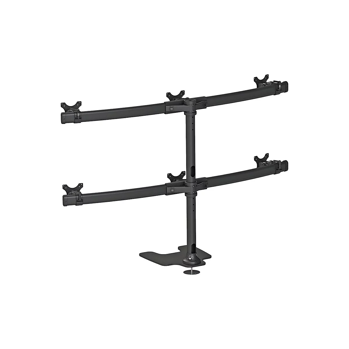 Schwarzer Monitorhalter für zwei Monitore, bestehend aus Säule, Trägern und Halterungen.