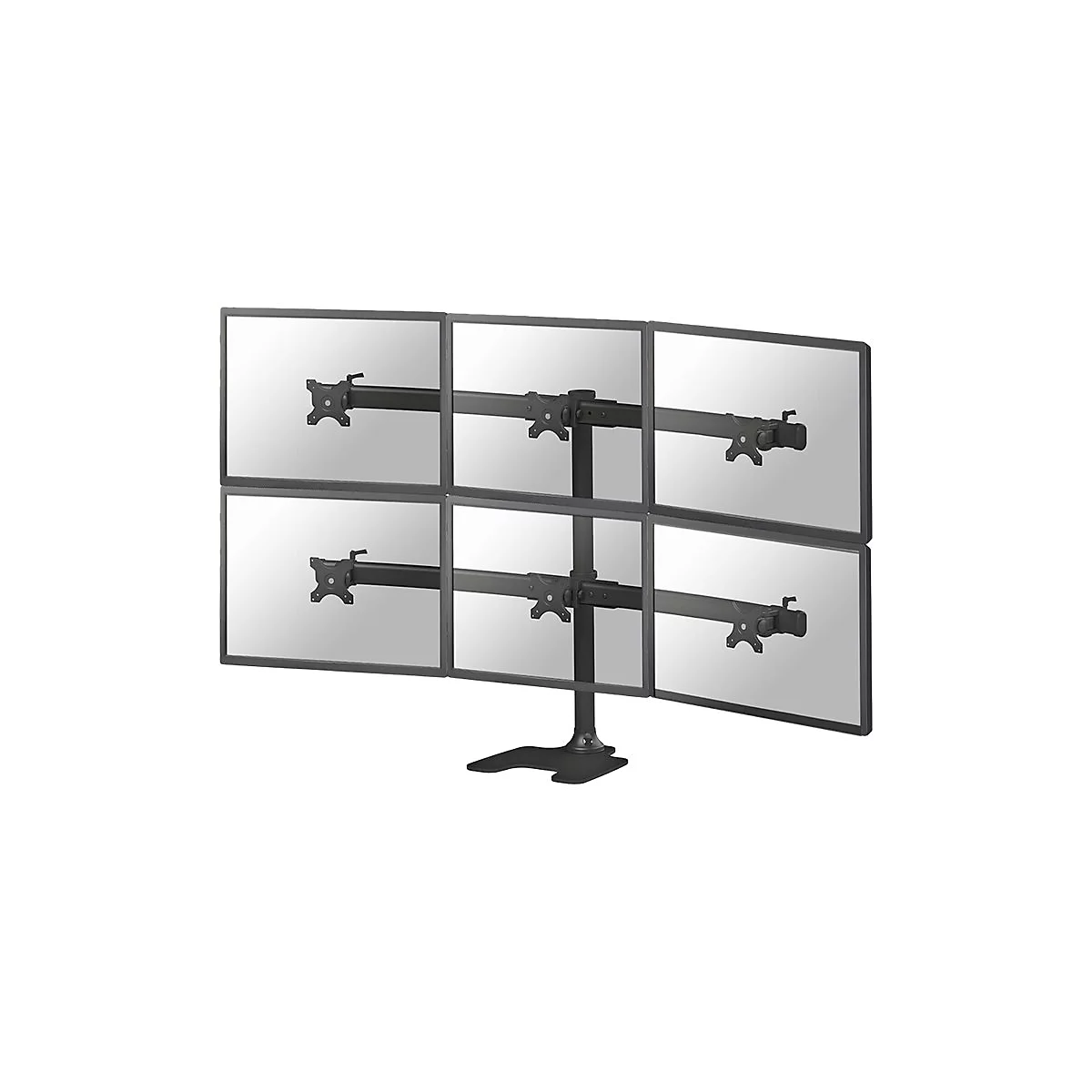 Schwarzgrauer Monitorhalter mit sechs Bildschirmen. Der Standfuß trägt eine Säule, an der die Monitore befestigt sind.
