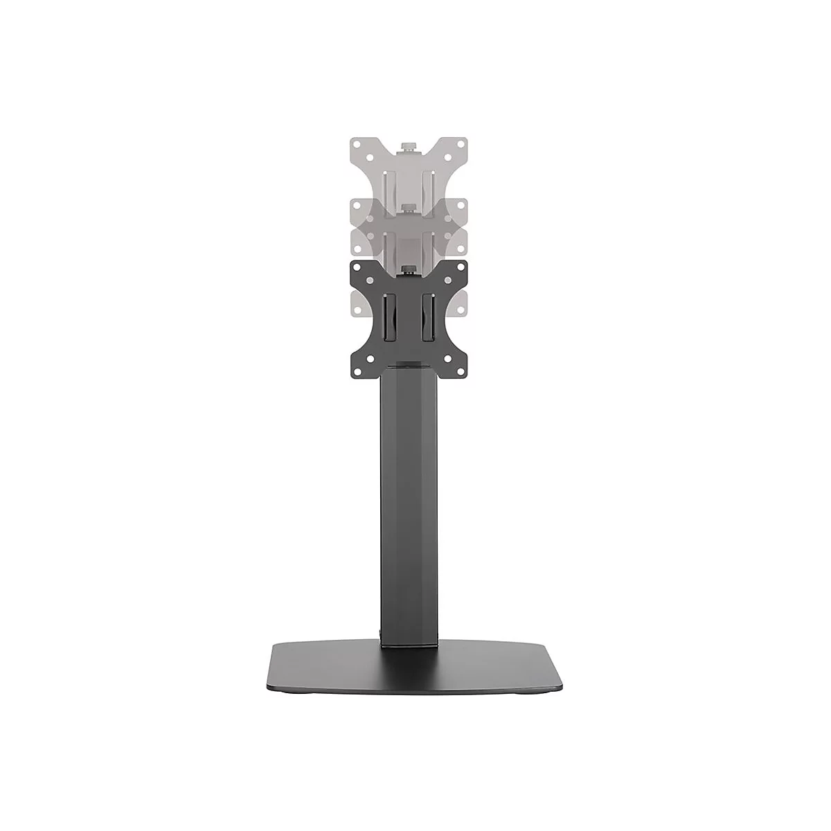 Schwarzer Monitorständer vor weißem Hintergrund. Der Ständer ist in der Höhe verstellbar und hat eine quadratische Basis.