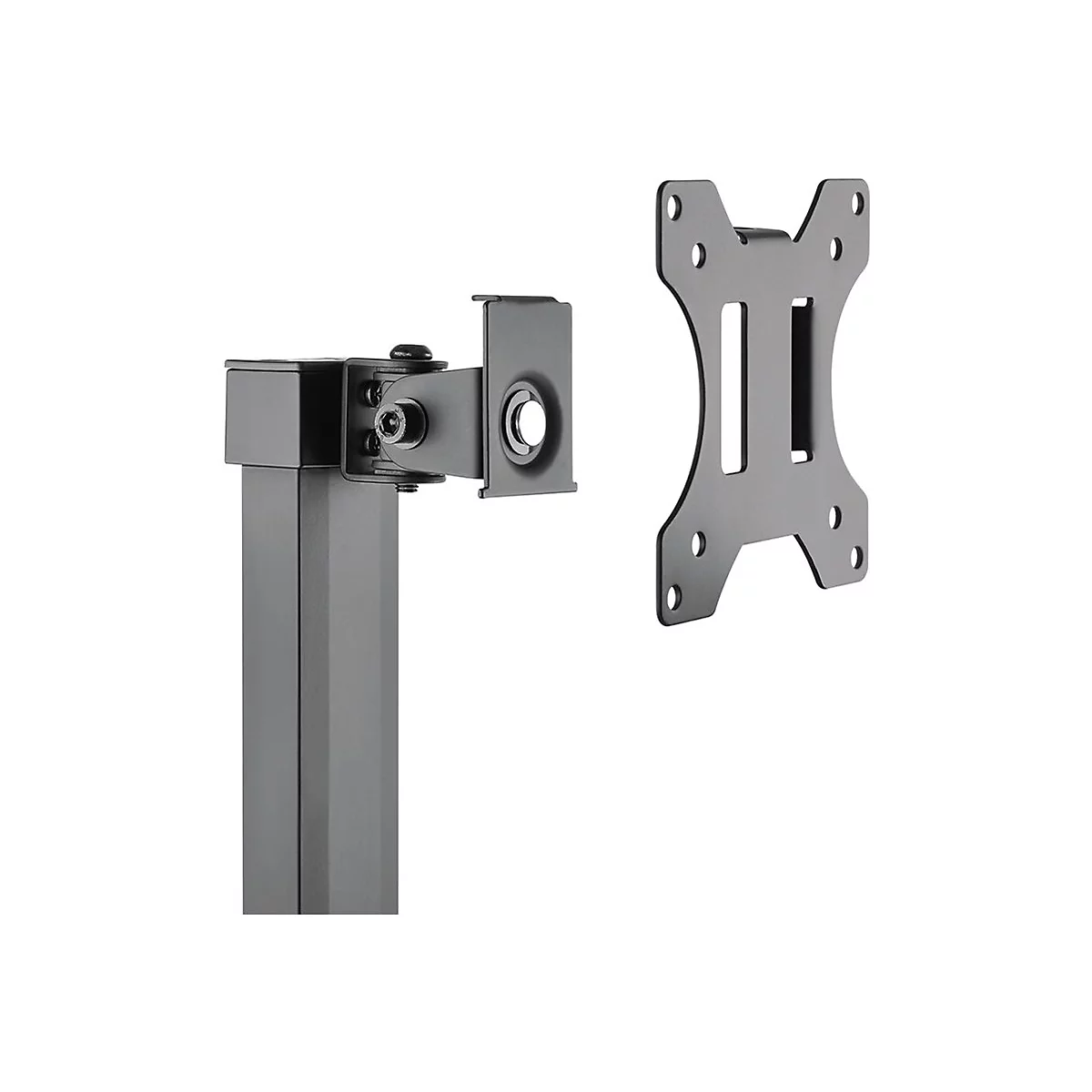 Grauer Monitorhalterung mit abgetrennter Montageplatte auf weißem Hintergrund.