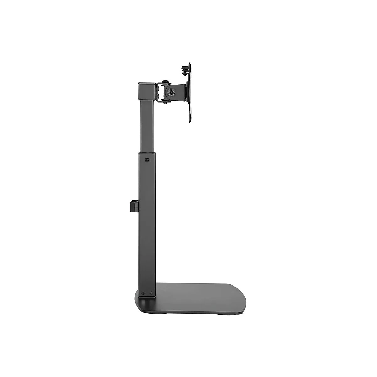 Schwarzer Monitorständer mit rechteckiger Grundplatte, höhenverstellbarem Arm und Halterung für den Monitor.
