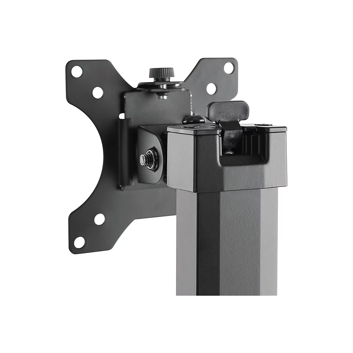 Schwarze Halterung für einen Monitor, bestehend aus einer Halteplatte, einem Gelenk und einem vertikalen Mast.