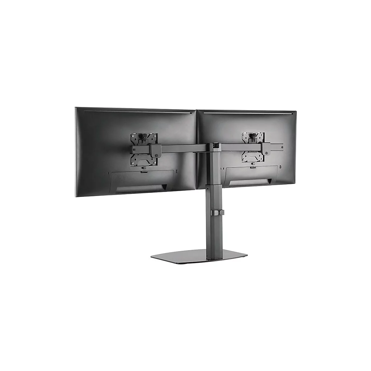 Rückansicht eines Doppelmonitor-Halters mit zwei Bildschirmen. Graue Monitore mit Halterung.