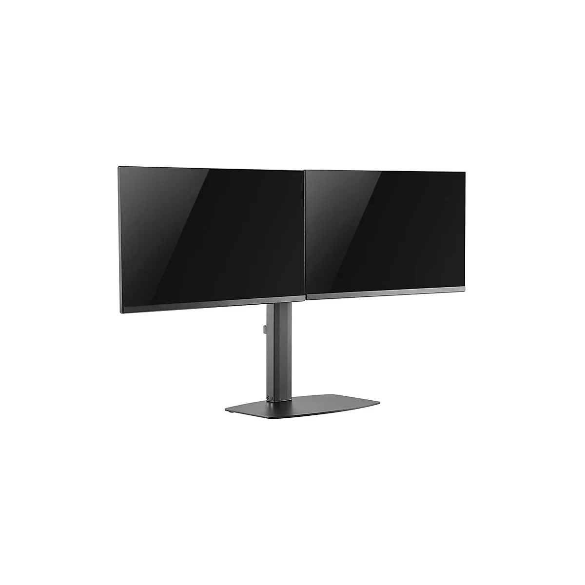 Zwei schwarze Monitore nebeneinander auf einem grauen Standfuß. Die Bildschirme haben einen schmalen silbernen Rahmen.