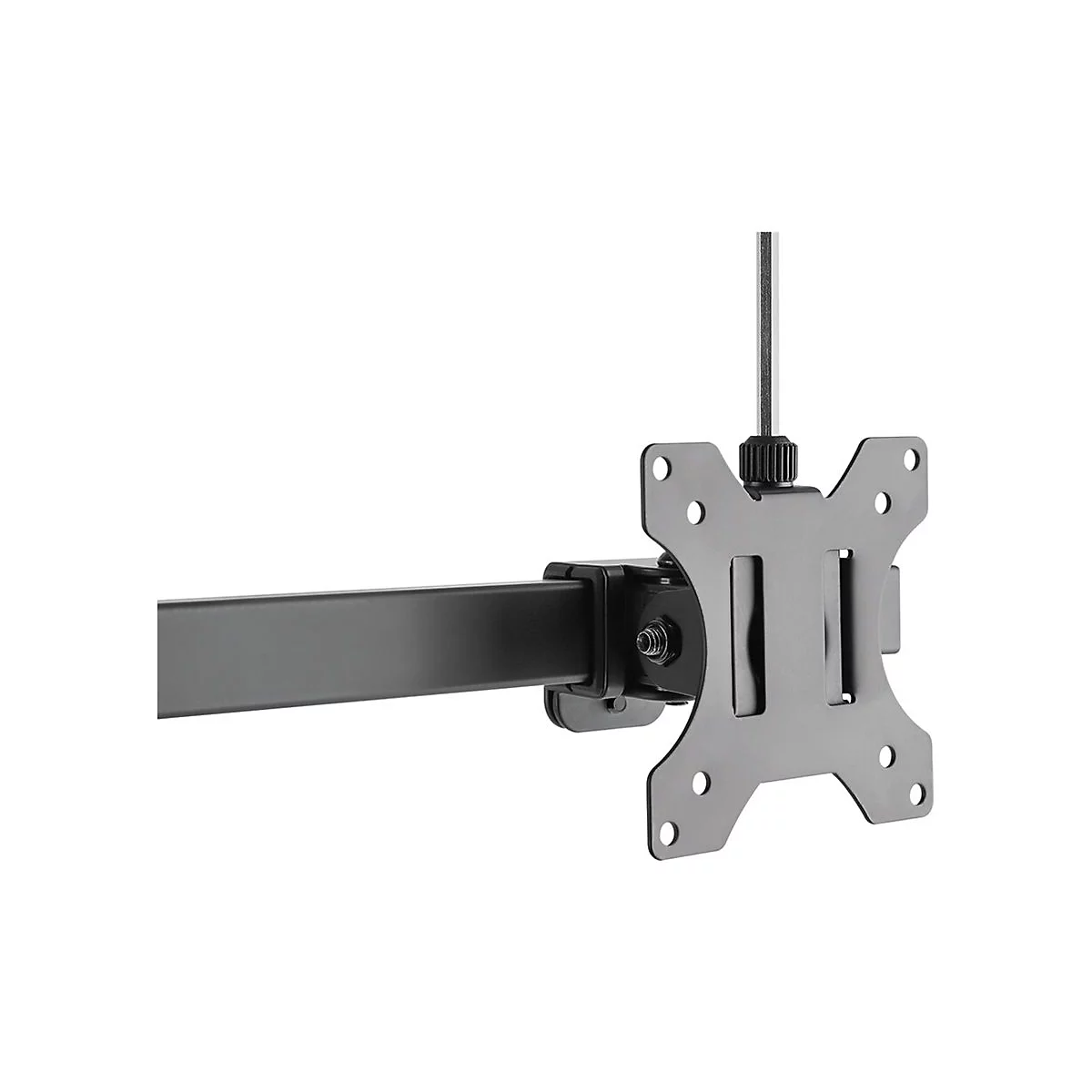 Schwarze Halterung für Monitor. Aus Metall mit rechteckigem Arm, quadratischer Halteplatte mit Löchern und Einstellschraube.