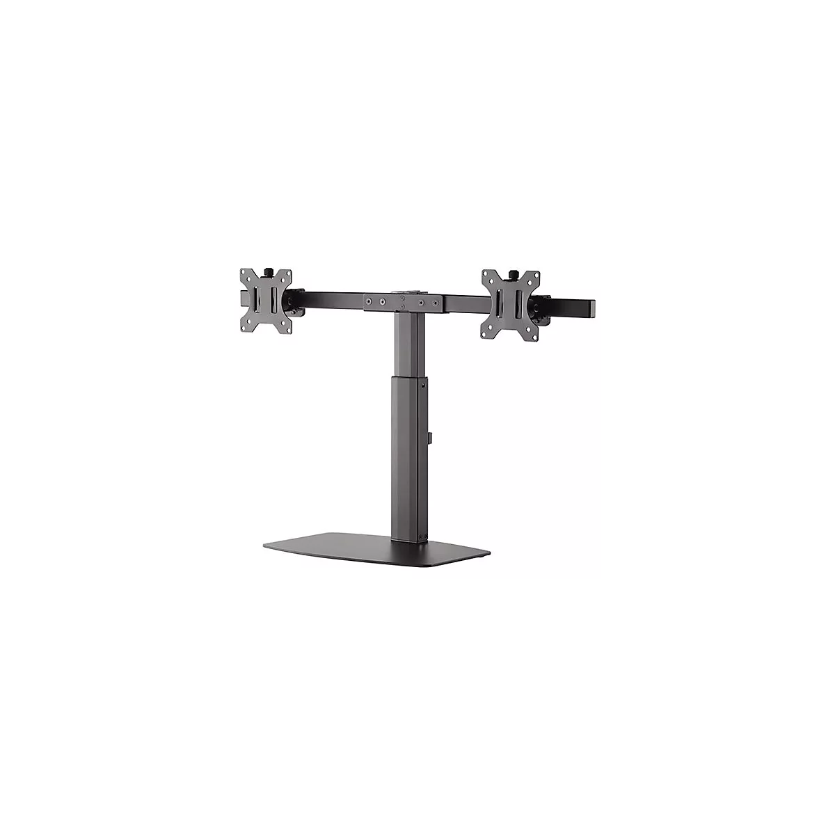 Support de moniteur noir pour deux écrans ; composé d'une base carrée, d'un montant de support vertical et de deux bras horizontaux.