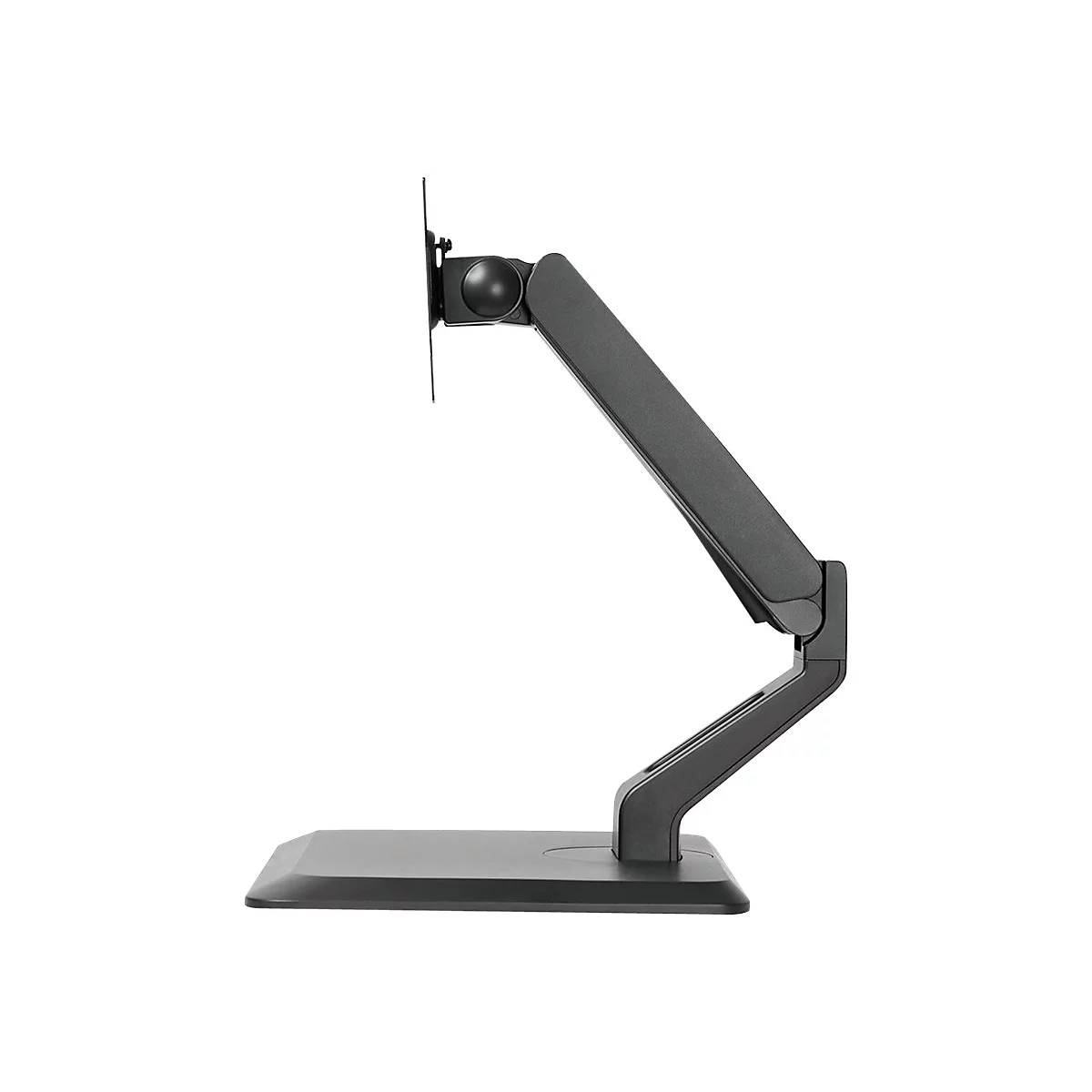 Schwarzer Monitorarm, Profilansicht, Basis, Arm, Halterung und Platte sind zu sehen. Alles vor weißem Hintergrund.