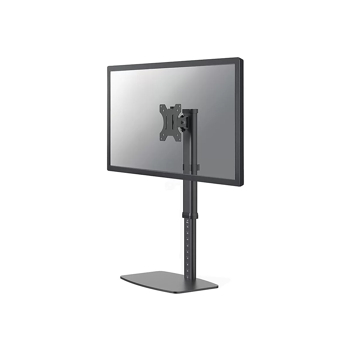 Rückseite eines schwarzen Monitors mit Halterung und Standfuß. Der Monitor ist an einem höhenverstellbaren Ständer befestigt.